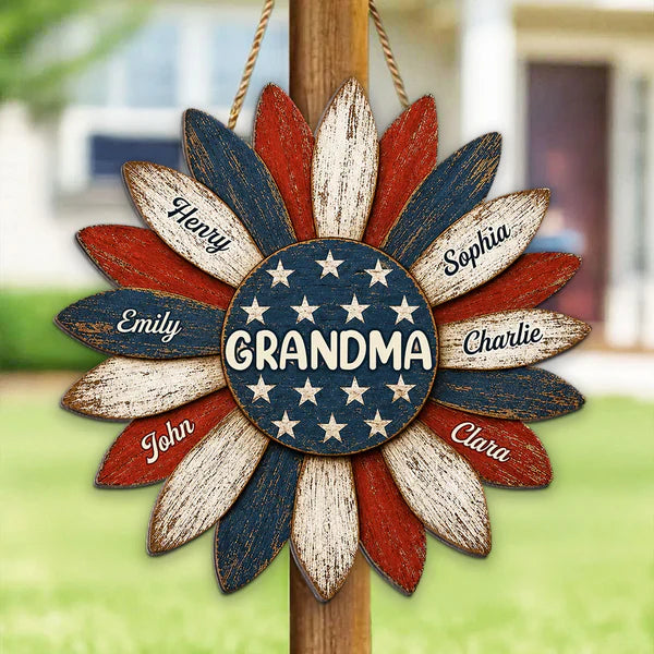 Personalized Grandma Wooden Sign, Patriotic Sunflower Porch Decor, Unique Creative Gift for Grandma