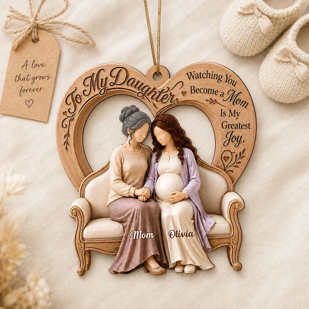 Personalized Wooden Ornament, Mother and Pregnant Daughter Holding Hands, Unique Gift for Expecting Mom