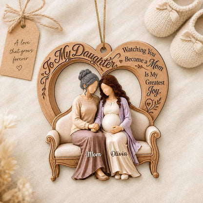 Personalized Wooden Ornament, Mother and Pregnant Daughter Holding Hands, Unique Gift for Expecting Mom