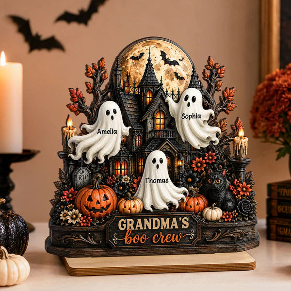 Personalized 2-Layer Wooden Plaque, Grandma's Boo Crew Halloween Decor, Unique Gift for Grandma