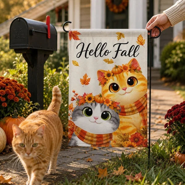 Personalized Garden Flag with Cute Cat in Scarf, Autumn Yard Decor and Unique Gift for Cat Lovers