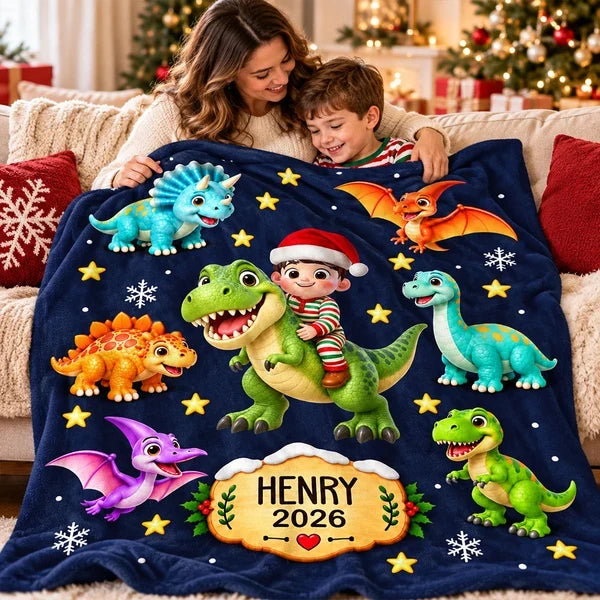 Personalized Dinosaur Fleece Blanket, Child Riding a Dinosaur in a Snowy Christmas Scene, Unique Gift for Kids