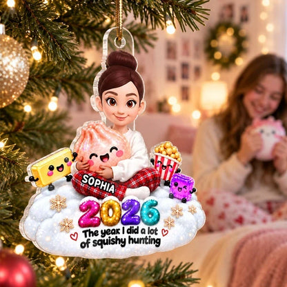 Personalized Acrylic Ornament, Cute Girl Hugging Squishy Toys in Snow, Unique Christmas Gift for Kids