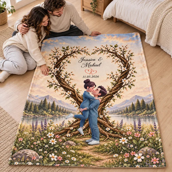 Fleece Blanket with Romantic Mountain Lake Scene and Kissing Couple, Personalized Creative Gift for Her or Him