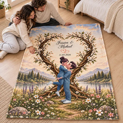 Fleece Blanket with Romantic Mountain Lake Scene and Kissing Couple, Personalized Creative Gift for Her or Him