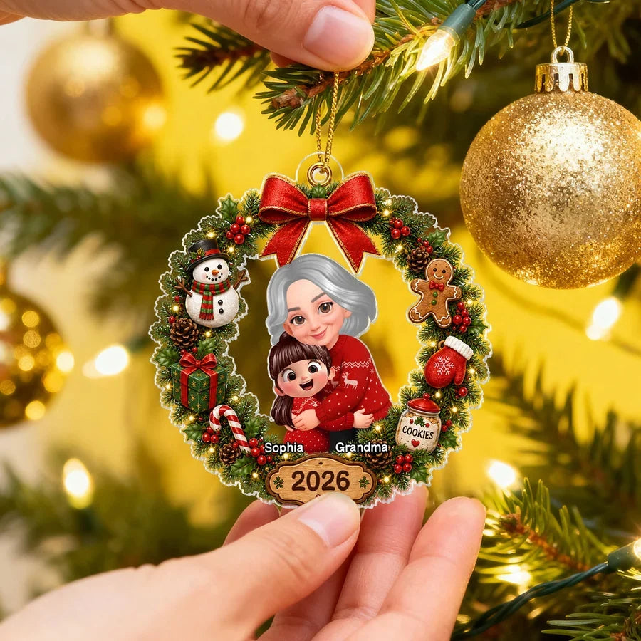 Personalized Acrylic Ornament, Red and Evergreen Grandma Hug Wreath, Unique Christmas Gift for Grandma