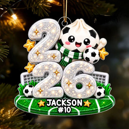 Personalized Acrylic Ornament, Smiling Soccer Dumpling on a Green Field, Creative Christmas Gift for Young Players