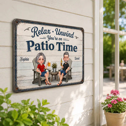 Personalized Metal Sign with Seated Patio Couple, Relax Unwind Decor, Unique Gift for Couples