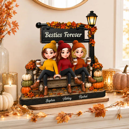 Personalized 2-Layer Wooden Plaque, Fall Lamp Post Friends Scene, Unique Gift For Besties