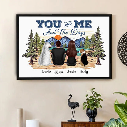 Couple with Dogs Poster Print, Scenic Mountain Landscape Design, Heartwarming Home Wall Art