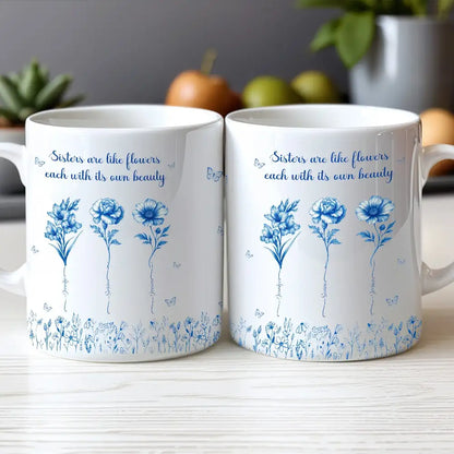 Sisterhood Mug with Names and Flowers – Personalized Floral Gift for Sister or Best Friend