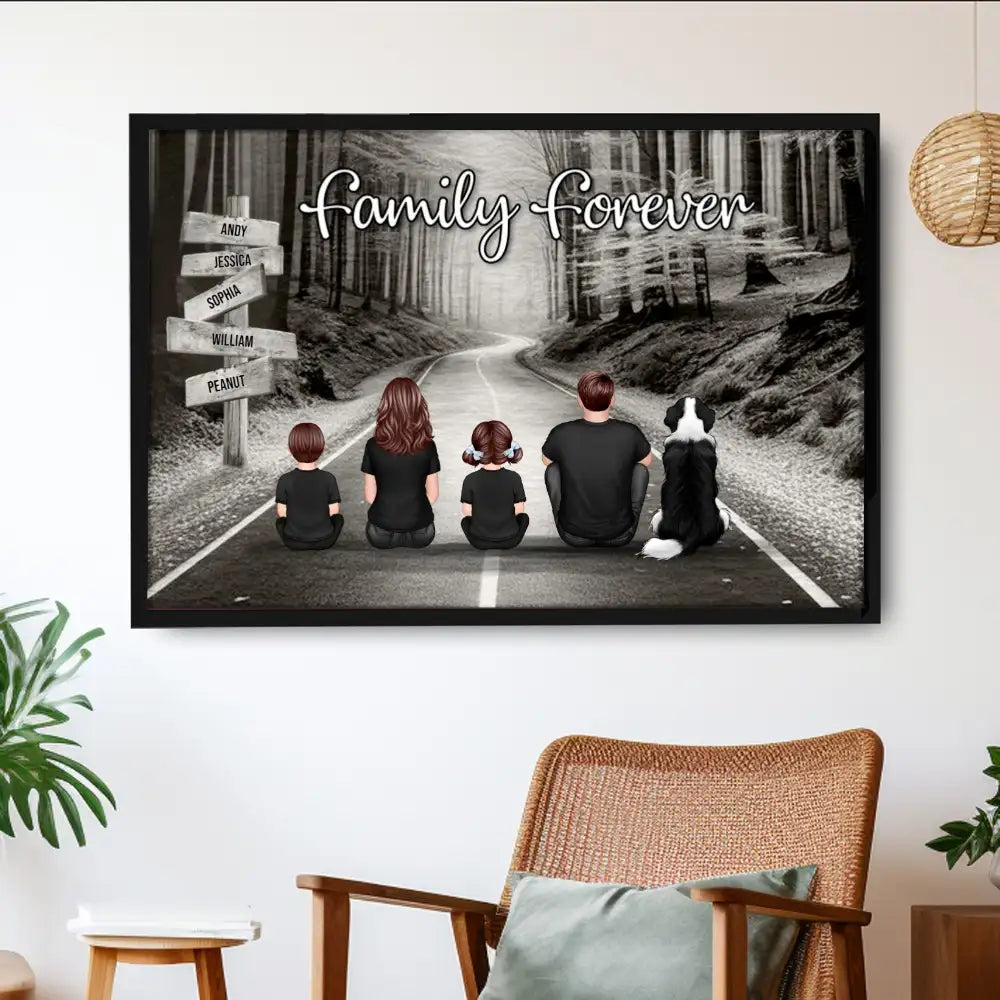 Poster with Family Forever Forest Scene and Back View Illustration, Refined Texture, Perfect Keepsake Gift