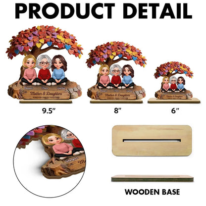Personalized 2-Layer Wooden Plaque with Mom and Daughters Under Colorful Heart Tree - Unique Gift for Mom, Sweet Family Keepsake