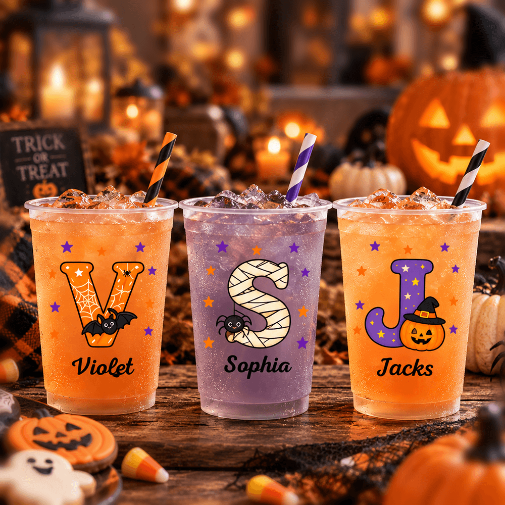 Personalized Halloween Frosted Plastic Cups with Custom Name & Initial, Cute Spooky Party Gift for Family & Friends