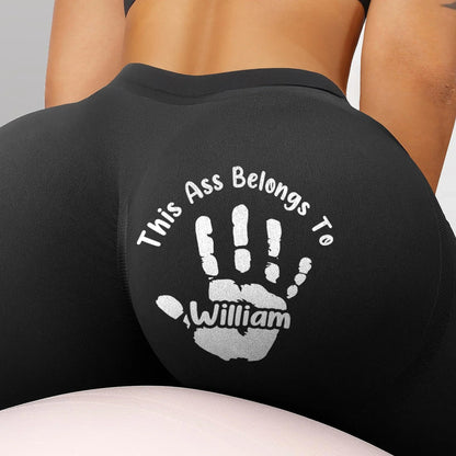 Women's Leggings With Playful 'This Ass Belongs To' Handprint, Personalized Funny Couple Gift