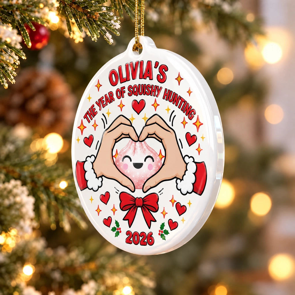 Personalized Ceramic Ornament, Heart Hands Around a Smiling Squishy, Creative Sentimental Gift for Family