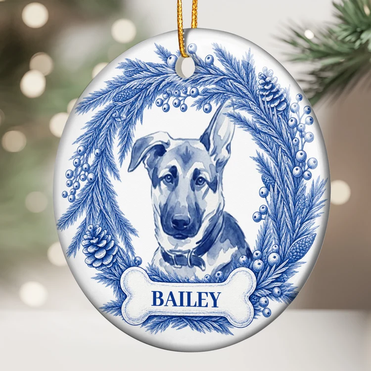 Personalized Ceramic Ornament, Blue Watercolor Dog Portrait in Winter Pine Wreath, Unique Christmas Gift for Pet Owners