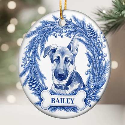 Personalized Ceramic Ornament, Blue Watercolor Dog Portrait in Winter Pine Wreath, Unique Christmas Gift for Pet Owners