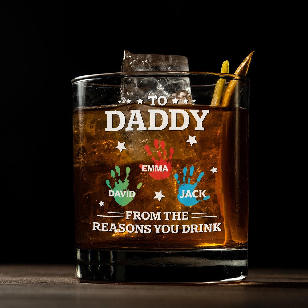 Personalized Whiskey Glass for Dad with Colorful Handprints, Funny Bar Whiskey Glass, Unique Gift from Kids for Special Occasions