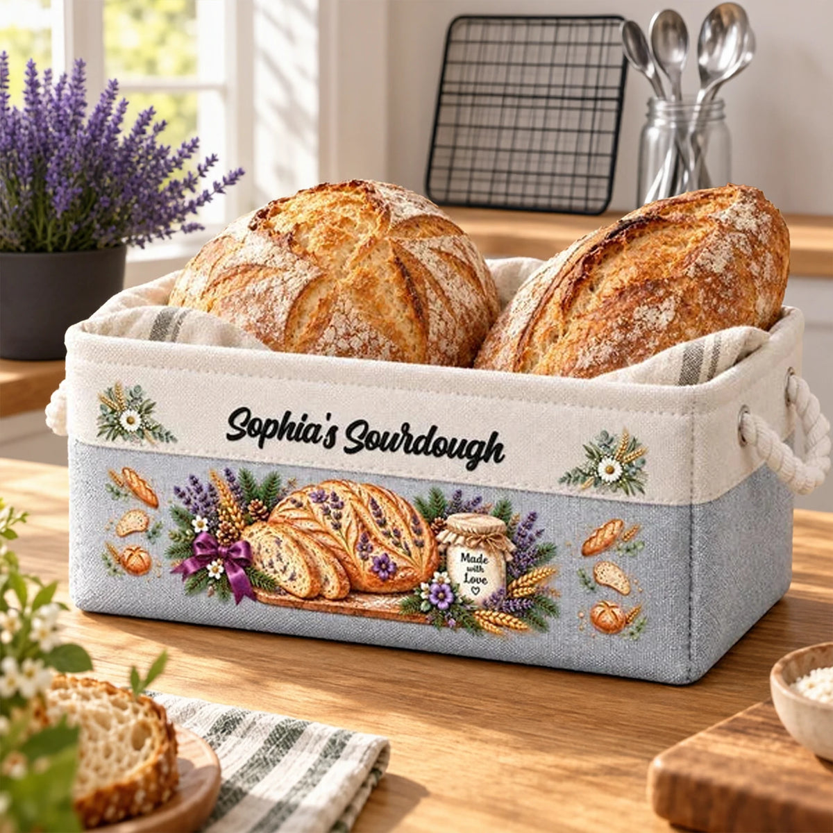 Personalized Rope Basket with Sourdough Art, Sunlit Kitchen Storage, Unique Gift for Home Bakers