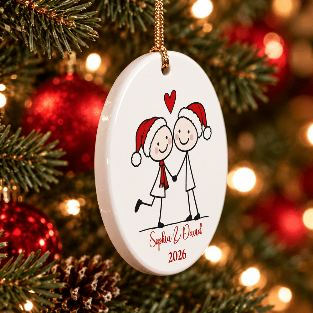 Personalized Ceramic Ornament, Cute Couple Holding Hands by a Christmas Tree, Unique Gift for Partners