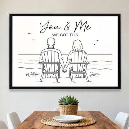 Custom Line Art Beach Poster – Holding Hands Couple Illustration, Add Names, Perfect Anniversary or Valentine’s Gift