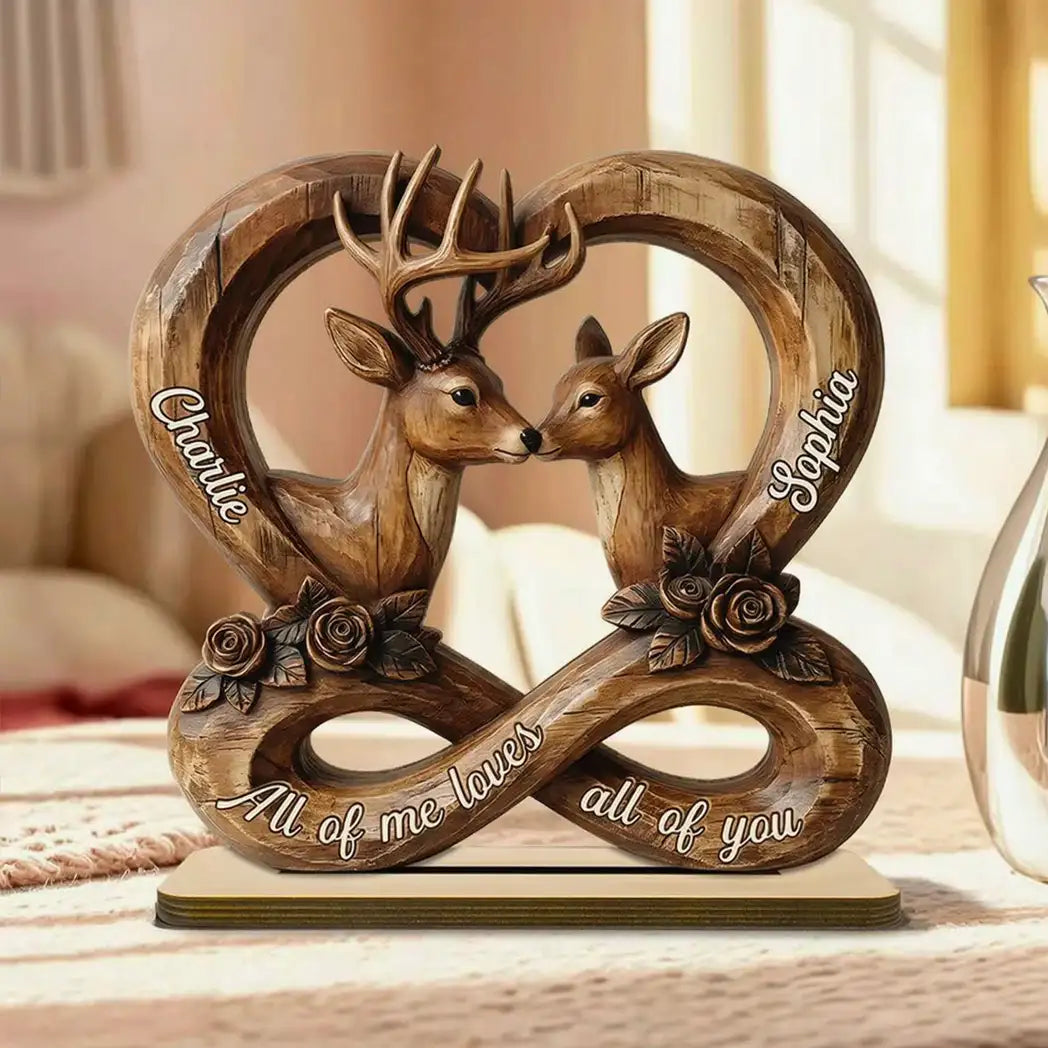 Personalized 2-Layer Wooden Plaque, Rustic Nuzzling Deer Couple, Unique Gift For Couples