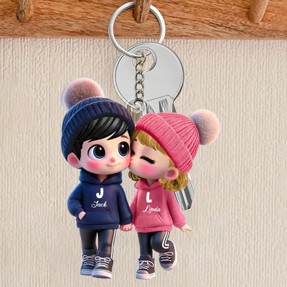 Personalized Acrylic Car Hanger for Couples – Cute Cartoon Design with Custom Names