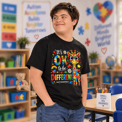 Personalized Autism Awareness Giraffe Shirt, It’s OK to Be Different, Custom Name Gift for Kids & Family