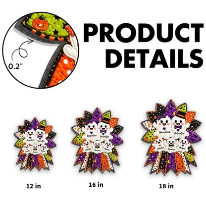 Personalized Wooden Sign with Cheerful Ghost Family Wreath, Heartwarming Halloween Decor, Creative Gift for Grandparents
