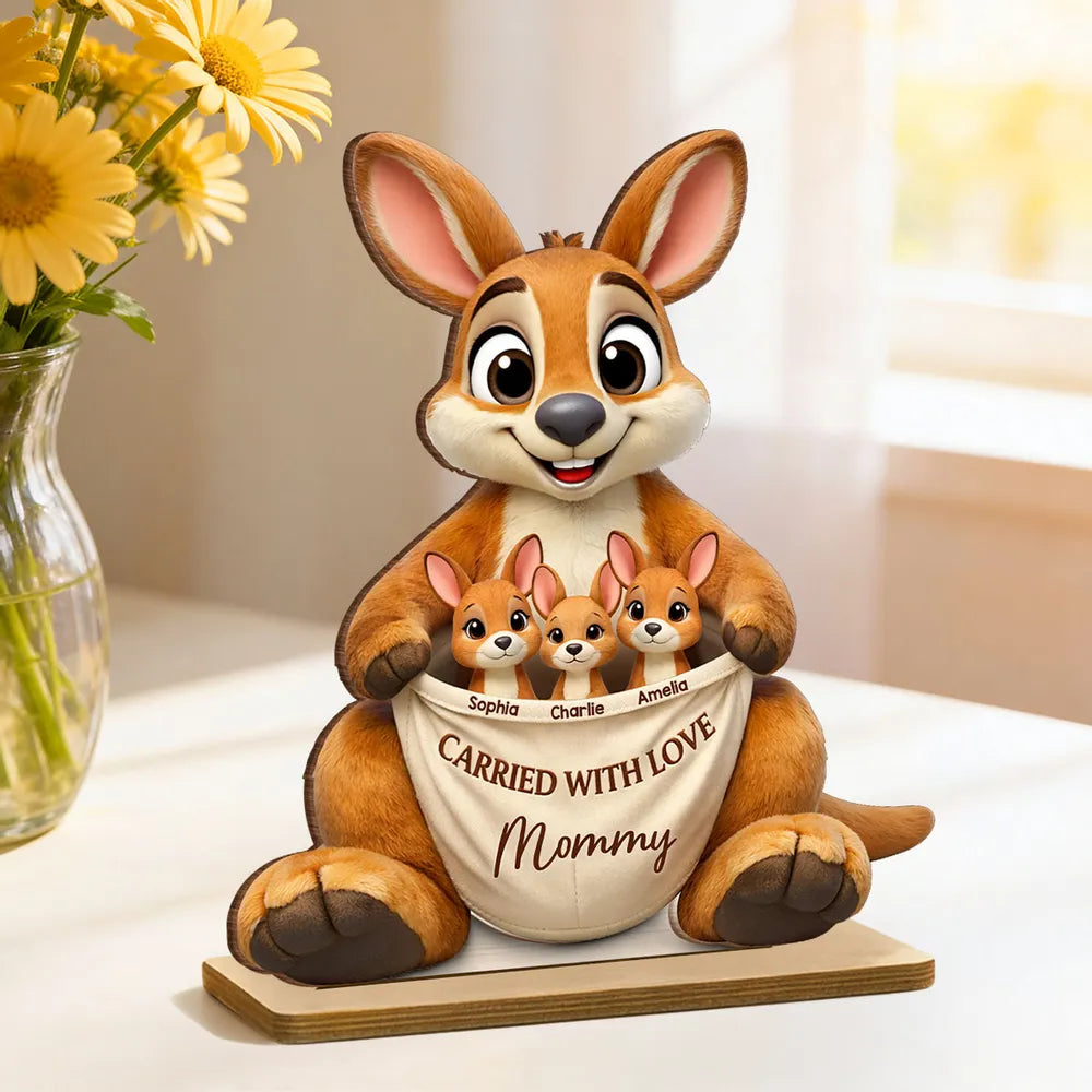 2-Layer Wooden Plaque Personalized Family Keepsake, Cute Kangaroo Grandma Holding Joeys With Carried With Love, Heartfelt Gift