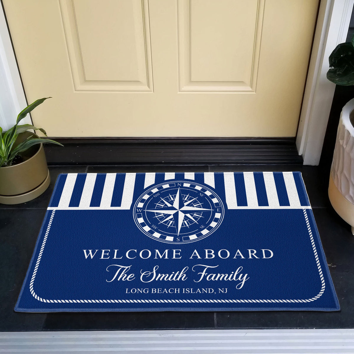 Nautical Welcome Aboard Standard Doormat, Personalized Entryway Decor with Classic Navy Stripes, Unique Gift Idea