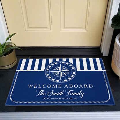 Nautical Welcome Aboard Standard Doormat, Personalized Entryway Decor with Classic Navy Stripes, Unique Gift Idea