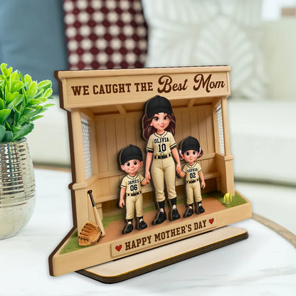 We Caught The Best Mom 2-Layer Wooden Plaque, Personalized Softball Dugout Family Keepsake, Heartfelt Gift
