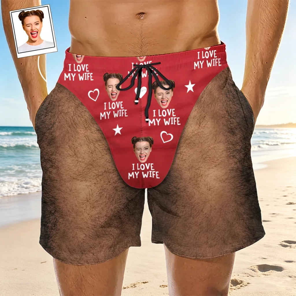 Personalized Men's Beach Shorts, I Love My Wife Red Funny Design, Unique Gift for Husband