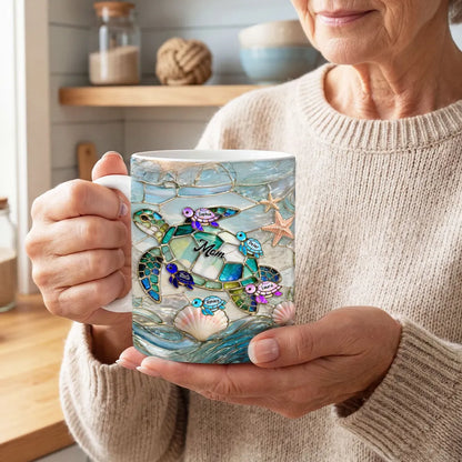 Personalized Sea Turtle Stained Glass Style Ceramic Mug for Mom - Ocean Beach Coffee Gift for Mother's Day