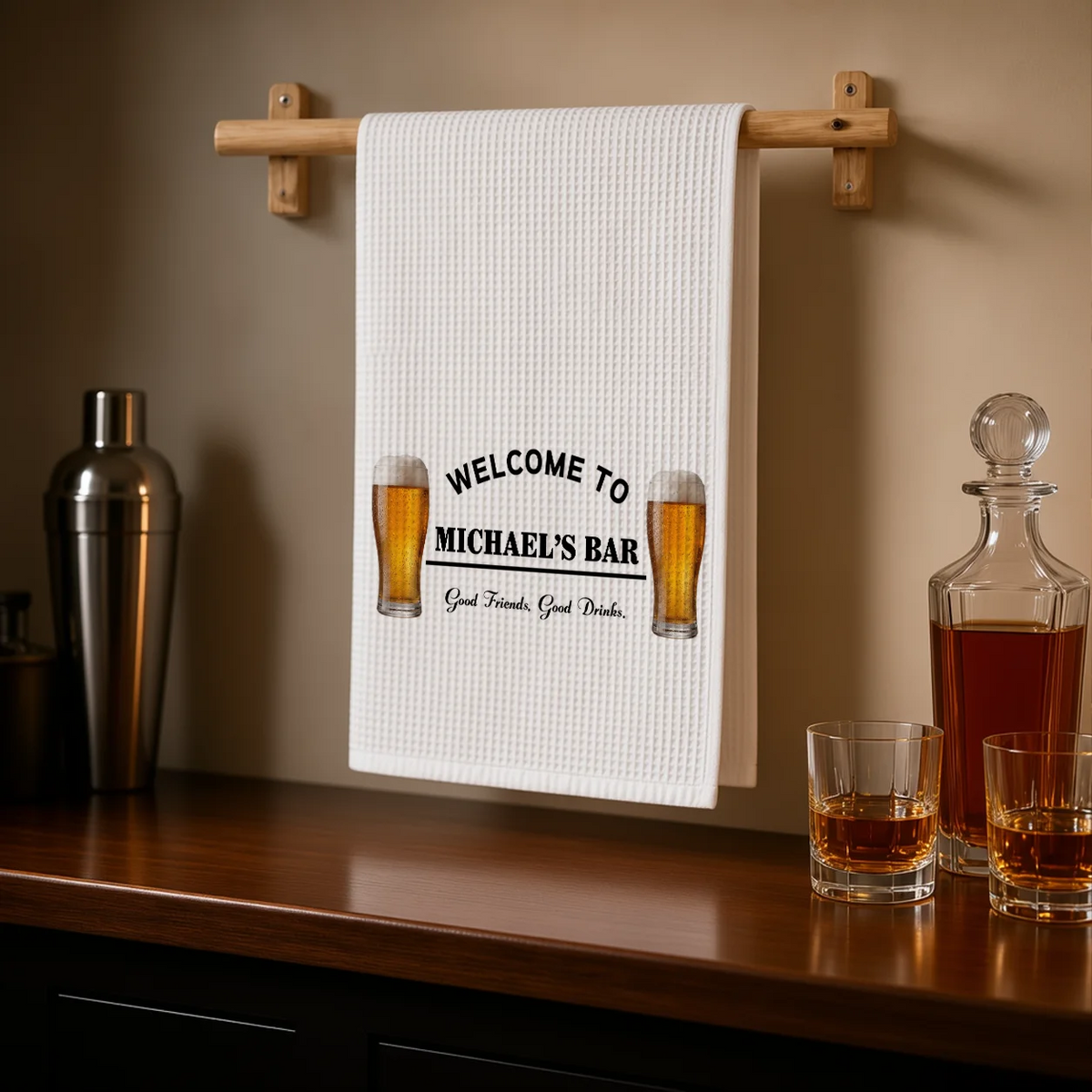 Personalized Home Bar Gift, Choose a Custom Kitchen Towel or Rubber Bar Mat, Perfect for Home Bartenders