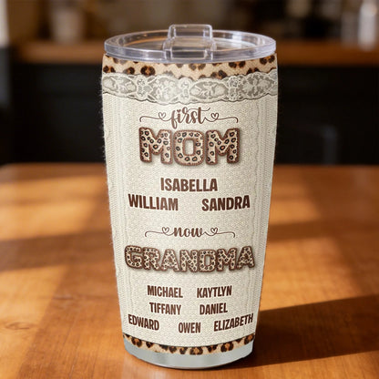 Personalized Insulated Travel Tumbler for Grandma, First Mom Now Grandma Leopard Lace Design, Unique Gift for Her