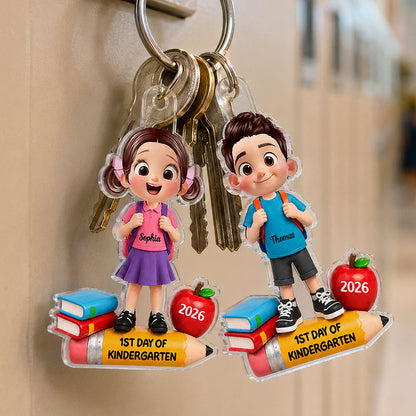 Personalized Acrylic Ornament, Colorful Cartoon Child Wearing Backpack in Classroom, Unique Kindergarten Gift