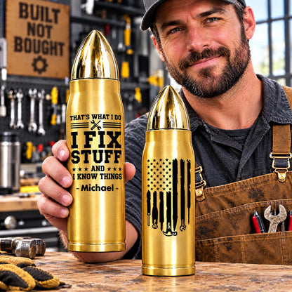 Personalized Bullet Tumbler with Tool Flag Design, Custom Name Gift for Dad, Mechanic, Handyman & DIY Lover