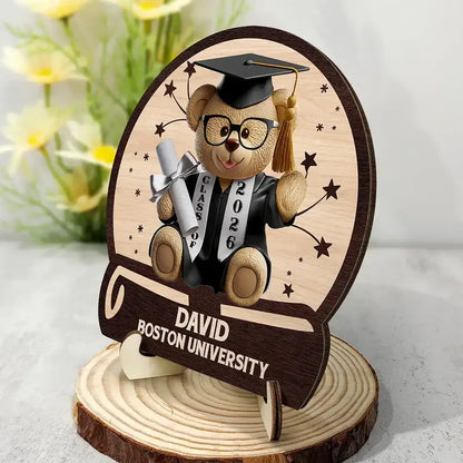 Custom Graduation Bear 2-Layer Wooden Plaque for Nursery or Living Room Display, Sweet Congrats Keepsake, Thoughtful Gift