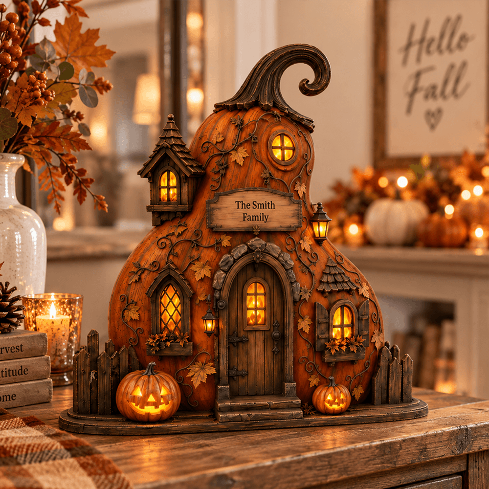 Personalized Pumpkin Cottage Wooden Plaque with Family Name, Cozy Fall & Halloween Tabletop Decor