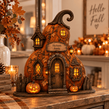 Personalized Pumpkin Cottage Wooden Plaque with Family Name, Cozy Fall & Halloween Tabletop Decor