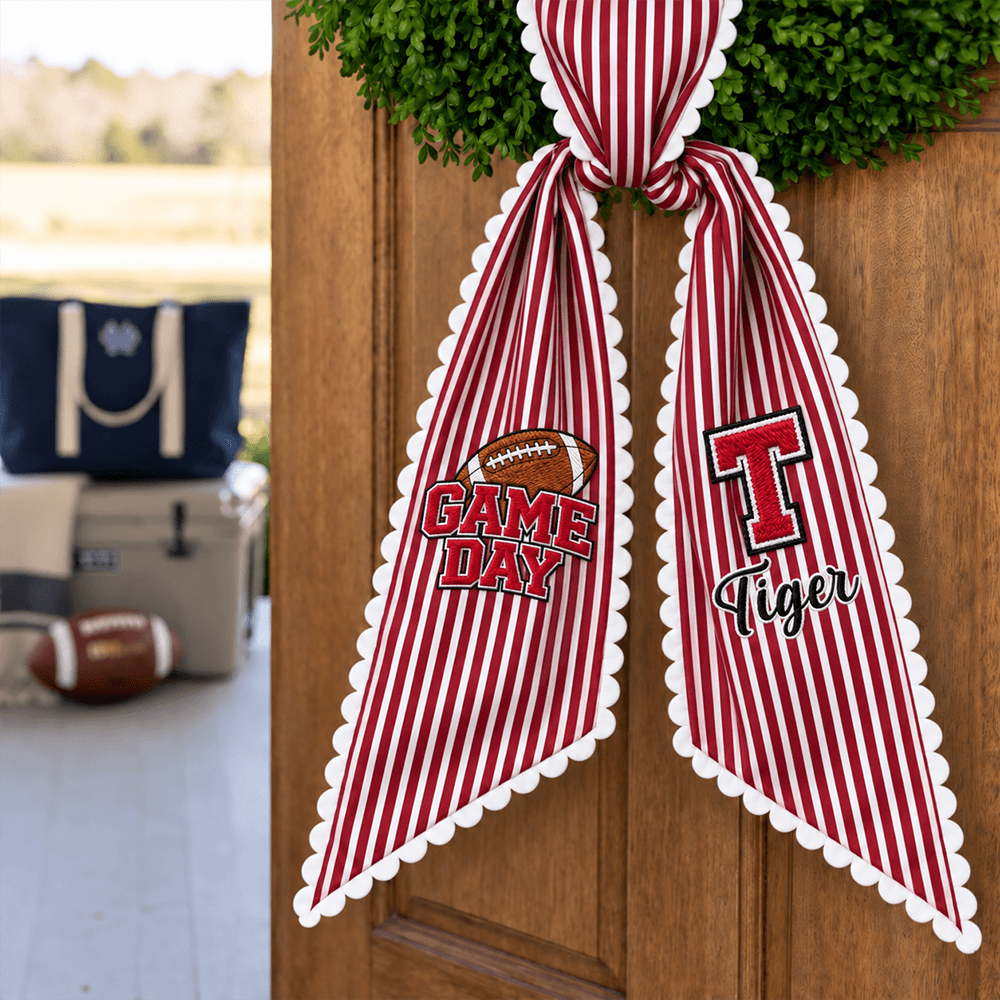 Personalized Embroidered Wreath Sash, Striped Football Game Day Front Door Decor, Unique Gift for Sports Fans