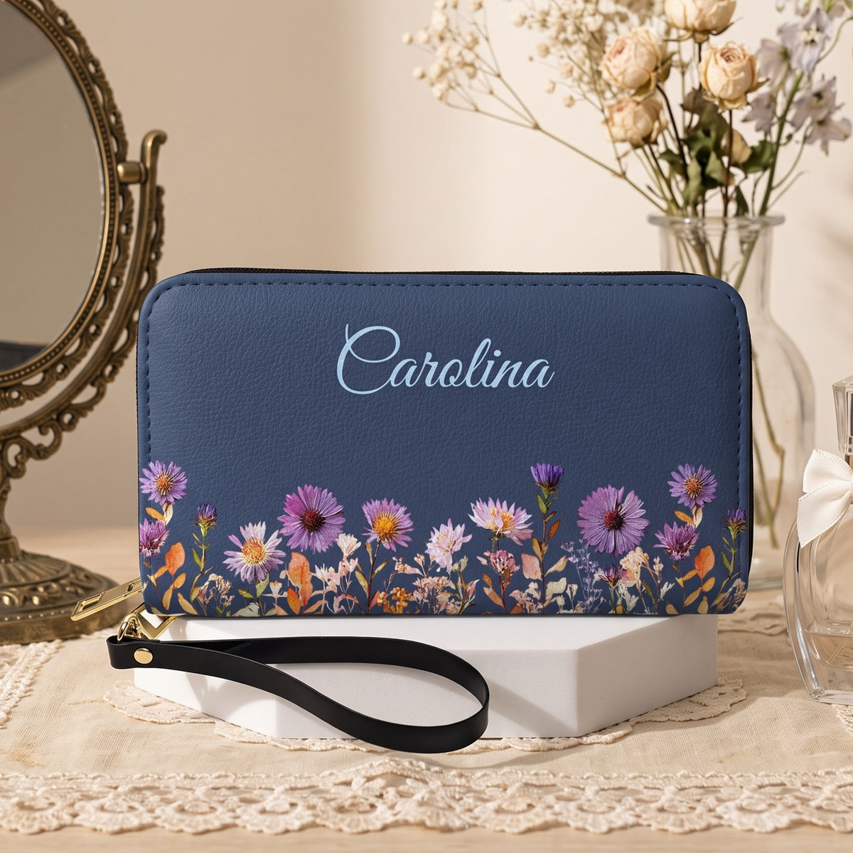 Personalized Leather Long Wallet with Birth Flower Design, Unique Gift for Mom, Grandma & Sister