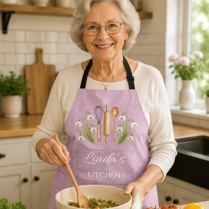 Custom Name Birth Flower Kitchen Apron, Adjustable 4-Pocket Cooking Gift for Women, Moms and Bakers