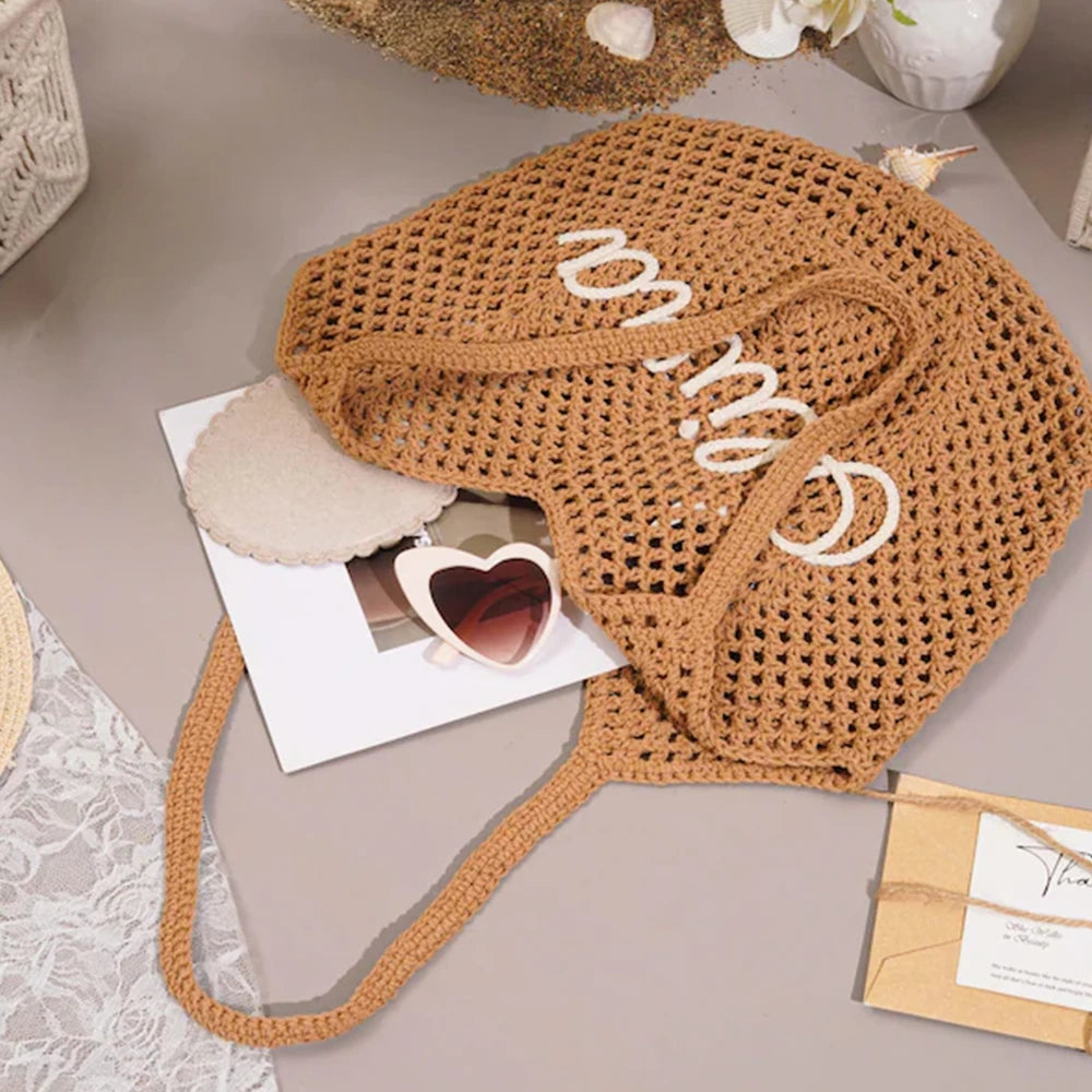 Personalized Embroidered Crochet Tote Bag for Her, Custom Name Beach Carryall, Summer Gift for Friends