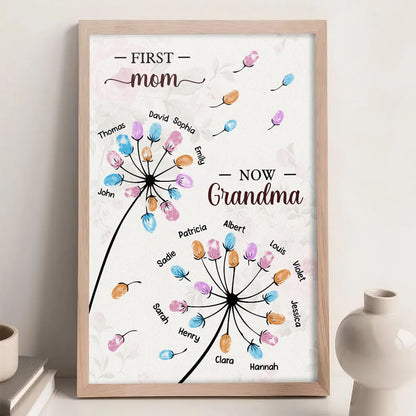 Personalized Dandelion Fingerprint Flower Poster, First Mom Now Grandma Wall Art, Unique Gift for Grandma or Mom