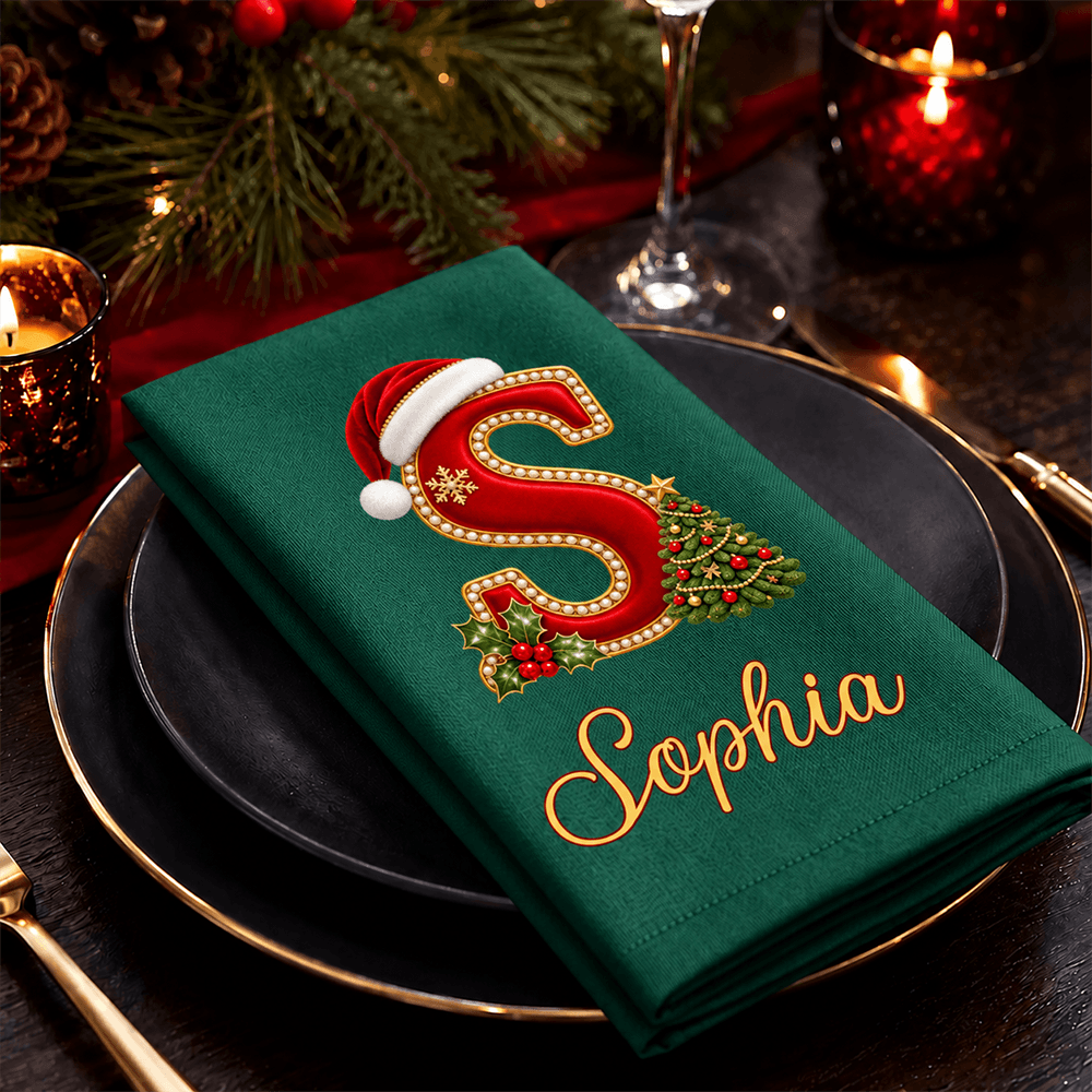Personalized Christmas Cotton Napkin with Santa Hat Initial & Name, Festive Holiday Table Decor, Christmas Gift for Family