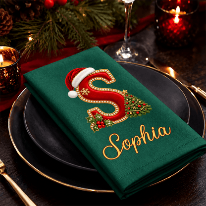 Personalized Christmas Cotton Napkin with Santa Hat Initial & Name, Festive Holiday Table Decor, Christmas Gift for Family